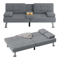 🔥Futon Sofa Bed Modern Folding Futon Set Linen Fabric Convertible Recliner Lounge for Living Room with 2 Cup Holders, Removable Armrests (Fabric, Gre