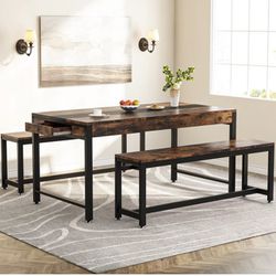 C0652XA/BDining Table Set, Kitchen Breakfast Table with 2 Benches & Sided Drawer