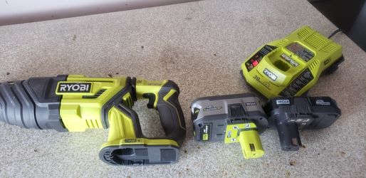 Ryobi Reciprocating Saw With Charger And Two Batteries. Lithium 18v & Brushless P517 30 Minute Charger.