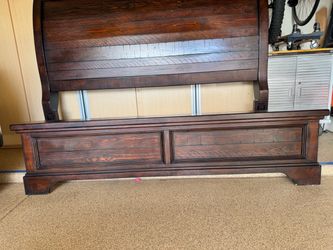 Dark Wood Sleigh Bed Frame plus nightstand and 4 drawer dresser.
