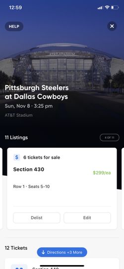 Up to 6 Front Row Dallas Cowboys vs Pittsburgh Steelers Tickets Sec 430