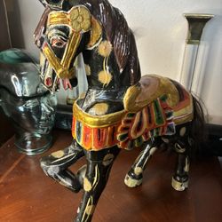 Vintage Hand‎ Carved Wooden Prancing Horse Statue Folk Art With Real Hair 