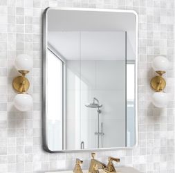 Espejo de baño con marco de metal negro de 24 x 30 pulgadas, rectángulo, inclinable, biselado, para montaje en superficie, cromado