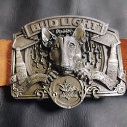 Rare Spuds MacKenzie belt buckle with original Budweiser leather engraved belt