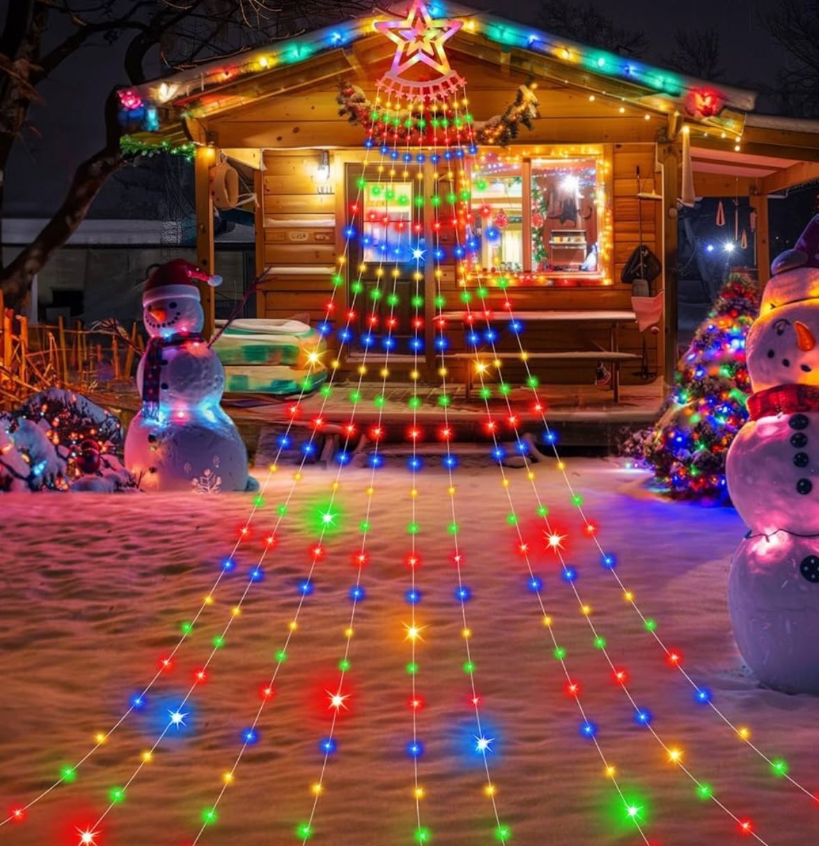 Christmas Decoration Star Lights Outdoor, 350 LEDs 12.8Ft Waterfall Lights Christmas Tree Topper String Lights 8 Memory Mode for Outside Xmas New Year