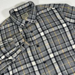 LL Bean Mens Medium Slightly Fitted Black Gray Yellow Scotch Plaid Flannel Shirt