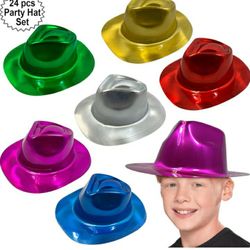 Party Gangster Hats 24 pcs | New Year’s Celebration Hats | Metallic Colors Assorted | Plastic Fedor