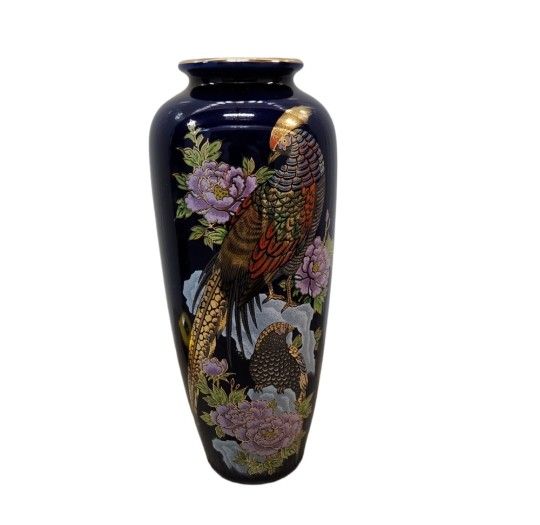 Vintage Mid Century Bijutsu Toki Vase with Pheasant Birds & Flowers