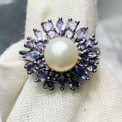 JTV Tanzanite & Pearl Flower Sterling Silver Ring