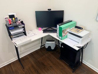 White L-Shaped Desk with Black Metal Frame