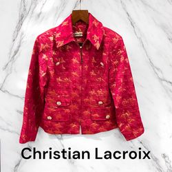 Christian Lacroix LUXE Auth 12 US 40 EU Red Gold Brocade Suit Jacket Skirt Coat