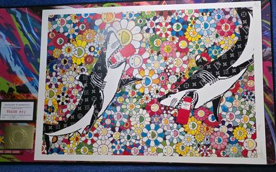 Banksy original print. With great whites in the flower field. The sharks are made up of louis vuitton, very nice touch.