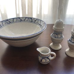 Dedham Pottery Serving Bowl, Salt & Pepper Shakers, Small Pitcher