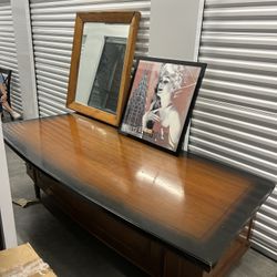 large vintage table with picture and mirror 