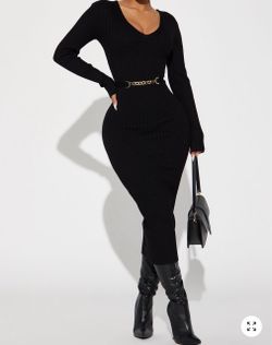 Black Ribbed Knit Long Sleeve Midi Dress