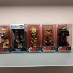5 Star Wars Funko Bobble Heads

Darth Vader
Chewbacca 
C-3PO
Boba Fett
Tusken Raider 

Original boxes