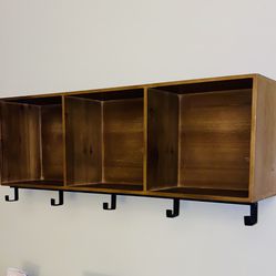 Espresso Decor Shelf Cabinet Rustic Industrial With  5 Black Hooks 