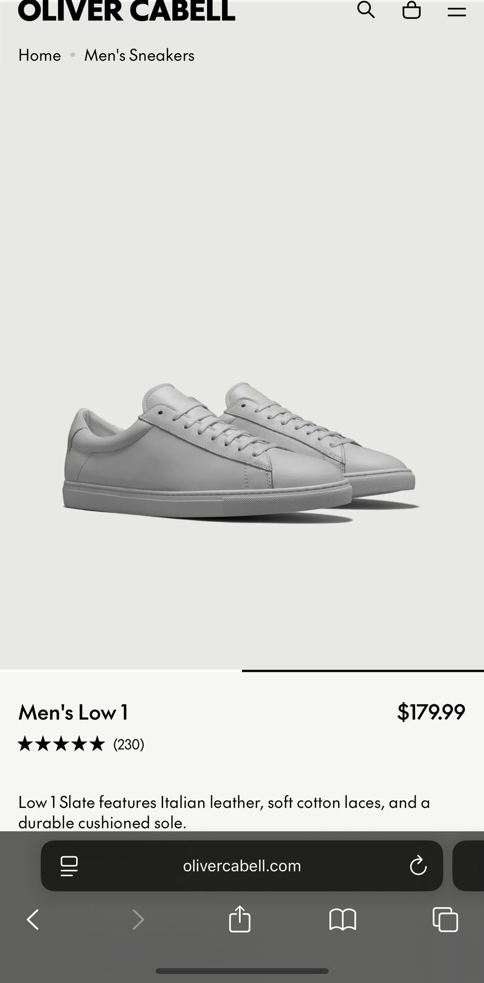 Oliver Cabell Men’s Low 1 Leather Sneaker Size 9 Slate
