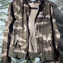 Victoria's Secret PINK Green Camo Camouflage Zip Up Hoodie Sweatshirt Size medium