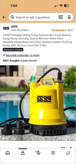 /6HP Portable Utility Pump Submersible Small Backup Sump Pump Draining Tool to Remove Water from Flooding House Basement Pool Tankless Heater Flushing