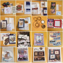 Assorted Lot of COUNTED CROSS STITCH Craft Supplies - Pattern Books/Floss/Fabric