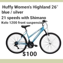 Brand New Huffy Women's Highland 26" Blue / Silver 21 Speeds With Shimano / Kolo 1200 Front Suspension 