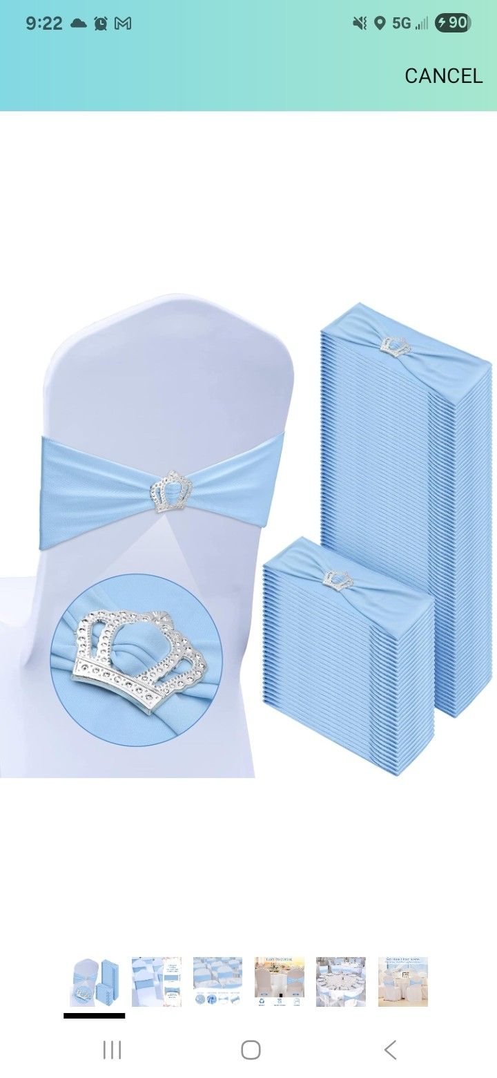 100 Pcs Spandex Chair Sashes with Crown Buckle Slider Stretch Chair Bands Cover Ties for Wedding, Banquet, Gala, Corporate Event, Birthday Party, Baby