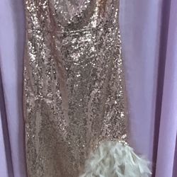 Long Sequin Feather Champagne Color Sleeveless Drag Queen Costume Show Dress Size Small 