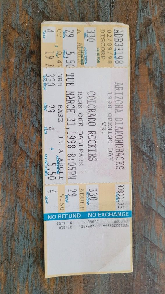 1998 Arizona Duamondbacks Opening Night Ticket