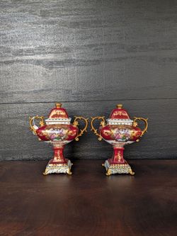 Pair of Hand-Painted European Fine Porcelain Lidded Urns