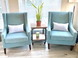 Two Aqua Wingback Accent Chairs with Nailhead Trim