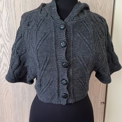 Knit short sleeve gray hooded cardigan