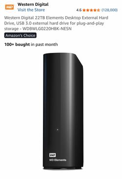 Western Digital 22TB Elements Desktop External Hard Drive, USB 3.0 external hard drive for plug-and-play storage - WDBWLG0220HBK-NESN