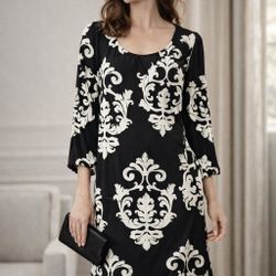 WHBM Black Ivory Damask Long Sleeve Shift Dress Large
