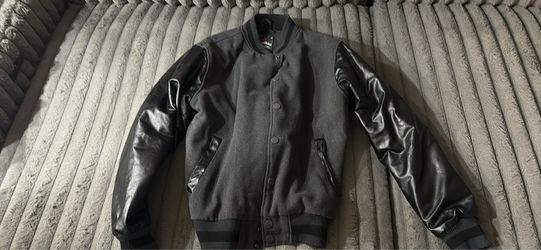Gray Varsity Jacket with Black Leather Sleeves