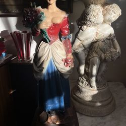 Vintage Hand-Painted Man & Woman Pedestal Statues – Antique Decor Set