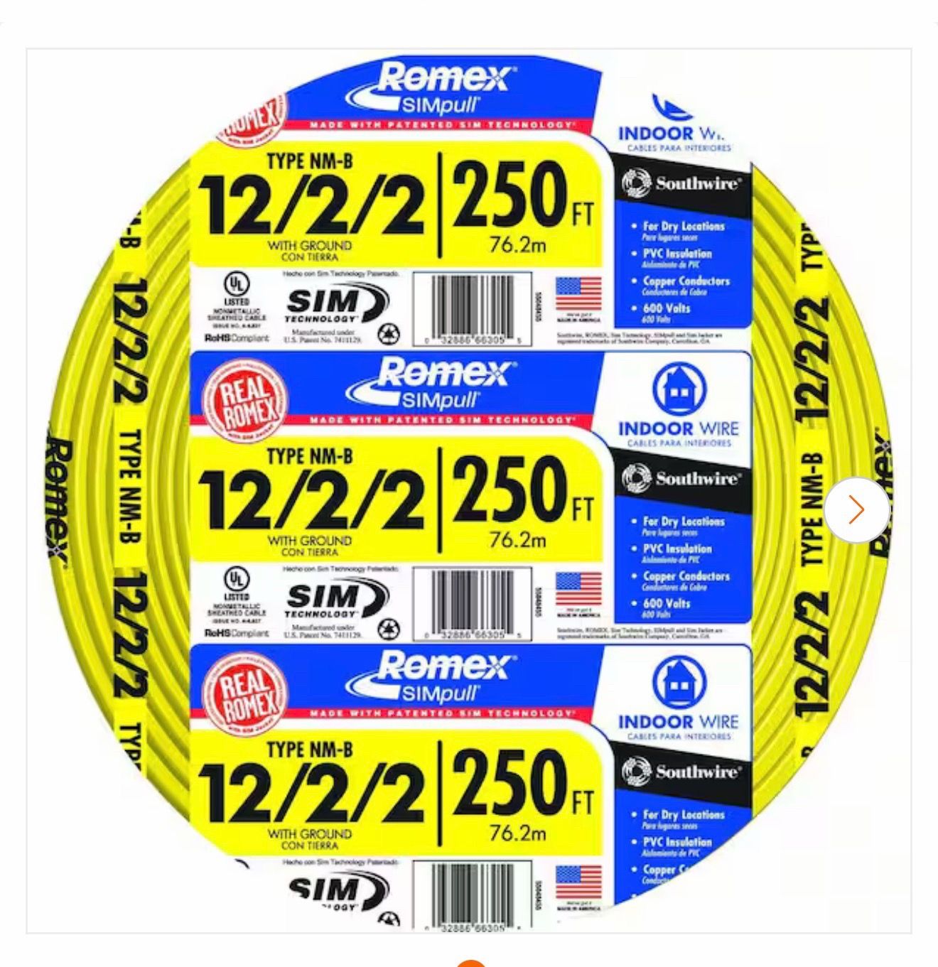 250 ft. 12/2/2 Solid Romex SIMpull CU NM-B W/G Wire