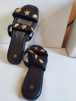Black Flat Sandals with Gold Sea Charms