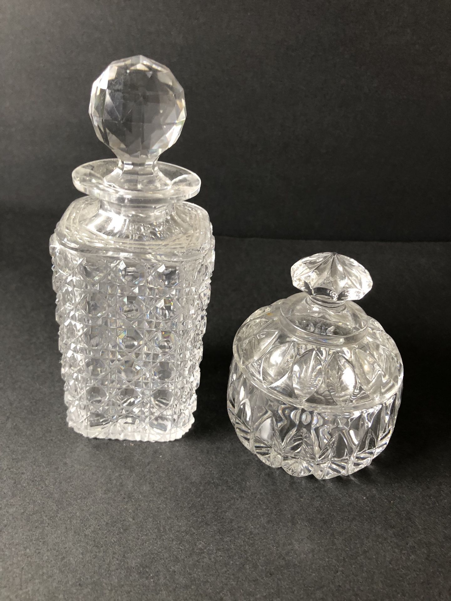 Antique American Cut Glass Cologne Bottle & Pressed Glass DresserJar