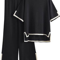 Sweater Sets Women 2 Piece Lounge Sets Short Sleeve Knit Pullover Tops Wide Leg Pants