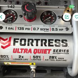 Brand new 1 gallon fortress, ultra quiet series, air compressor with hose and accessories