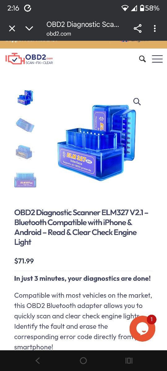 Car truck SUV OBD2 Diagnostic Scanner ELM327 V2.1 Bluetooth Android Read Clear Check codes