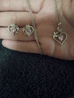 Heart Crystal Rose Necklace and Earrings Set (Sterling Silver 925)