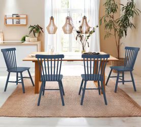 18 in. Dark Blue Classic Windsor Dining Chair, Solid Wood High Spindle Back Kitchen Chair (Set of 4)