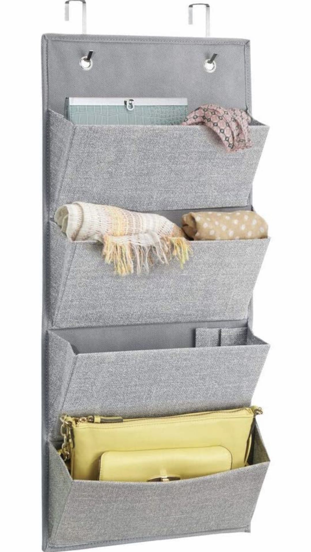 Over The Door Hanging Storage Organizer with 4 Large Pockets for Closets in Bedrooms, Hallway, Entryway, Mudroom - Hooks Included - Textured Print -