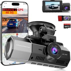 Brand New 4K Dash Cam 3-Channel Front Rear Inside, STARVIS 2, GPS, 5G WiFi, 64GB Included