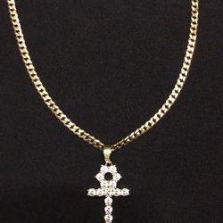 Gold Chain Cuban 20in 4mm And Diamond Ankh Cross Pendant Set 