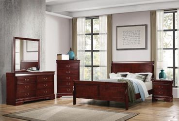 4PC QUEEN BEDROOM SET: QUEEN BEDFRAME, DRESSER, MIRRROR, NIGHTSTAND