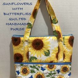 NEW  SPRINGTIME SUNFLOWER WITH BUTTERFLIES QUILTED HANDMADE TOTE PURSE 
