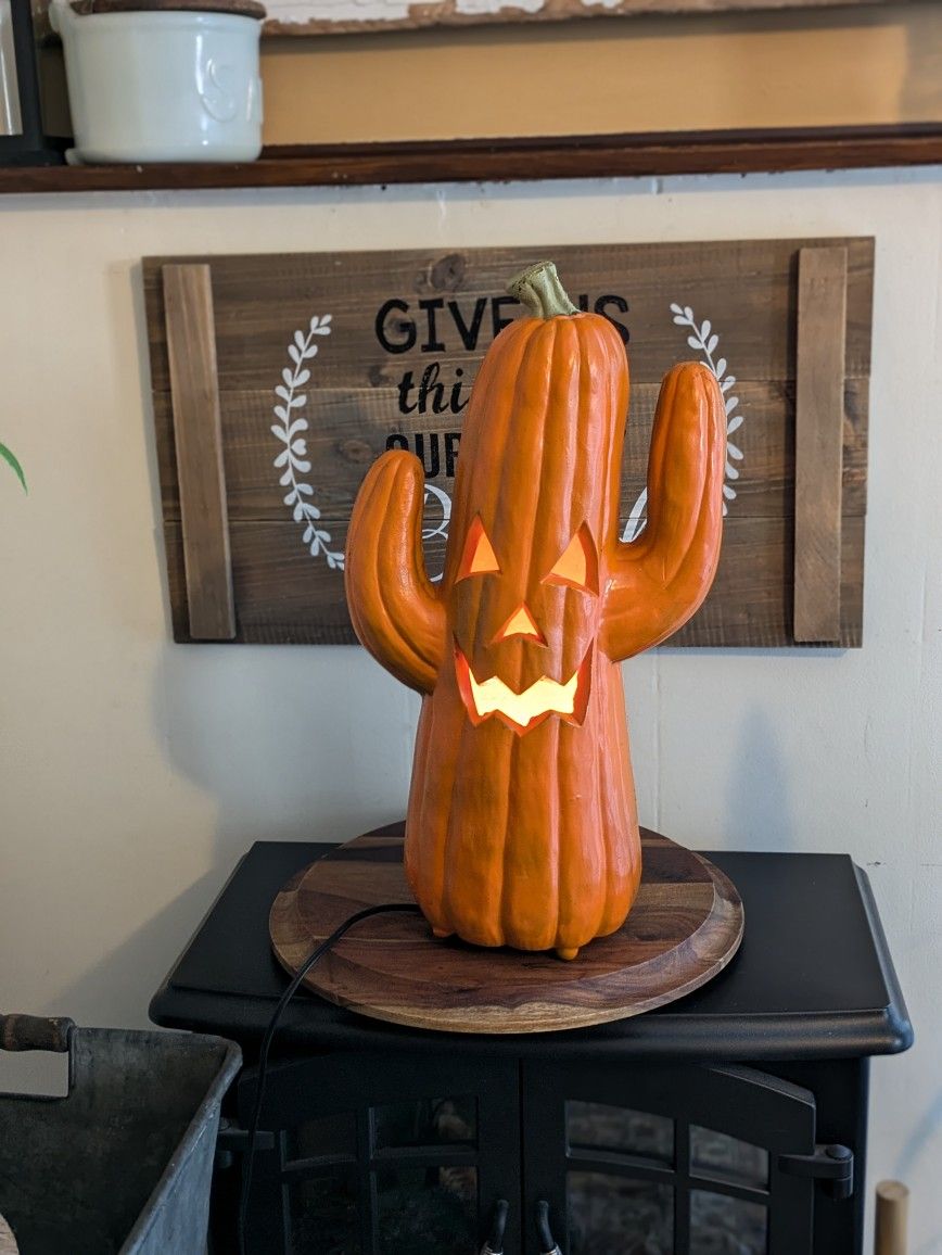 Vintage Halloween Foam Blow Mold Orange Saguaro Cactus Jack O Lantern